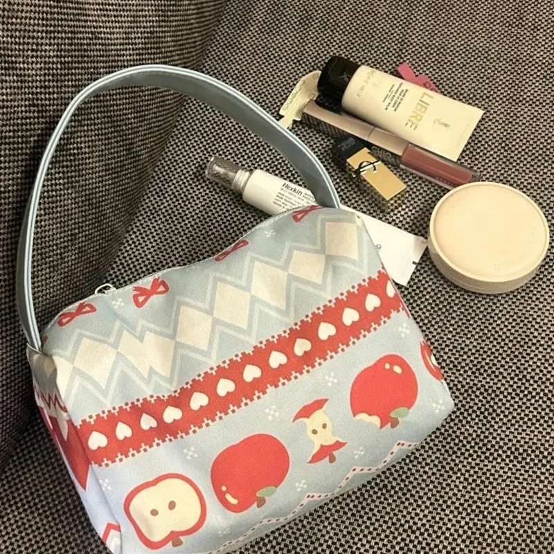 Bolsos de mano con lazo de Apple para mujer, bolsa de maquillaje, bolsa de almacenamiento portátil, mochilas con cremallera con estampado dulce 3D, bolso de mano de viaje de gran capacidad, nuevo