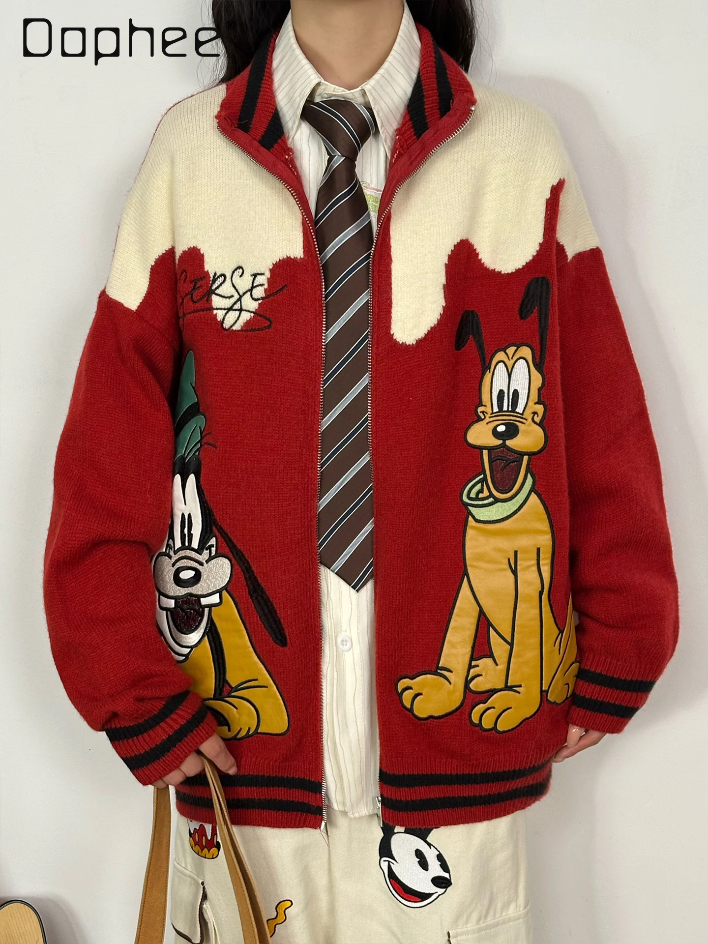 

Cute Cartoon Sweater American Retro Cartoon Embroidered Sweater Cardigan Unisex Autumn New Loose Casual Knitted Jacket Trendy