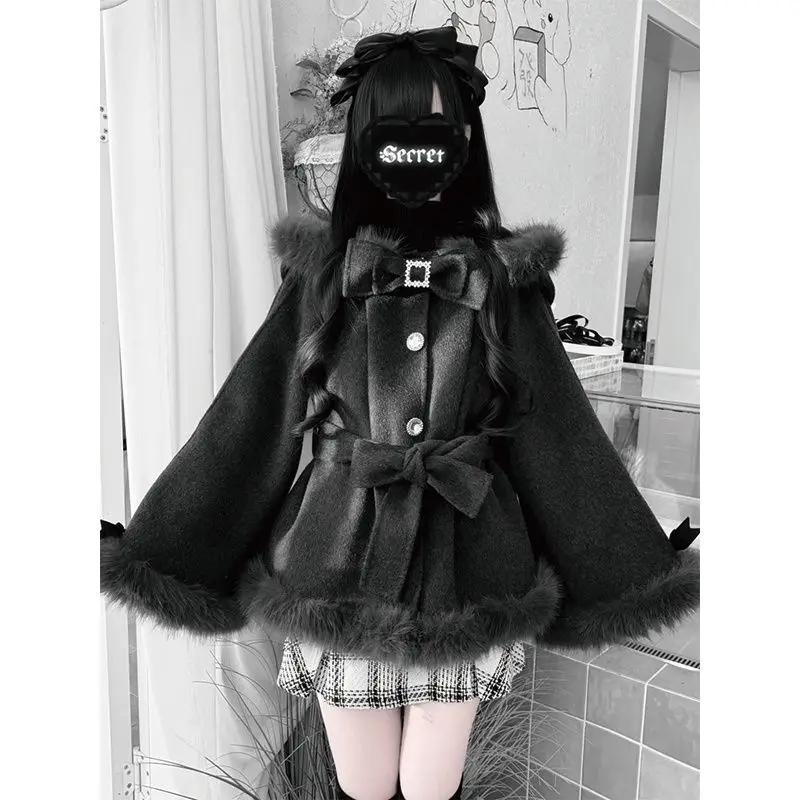 Sweet Lolita Rabbit Ear Hat Wool Coat Imitation Fur Trimmed Bow Rhinestone Buckle Short Coat Winter Daily Gothic Cospaly Clothes