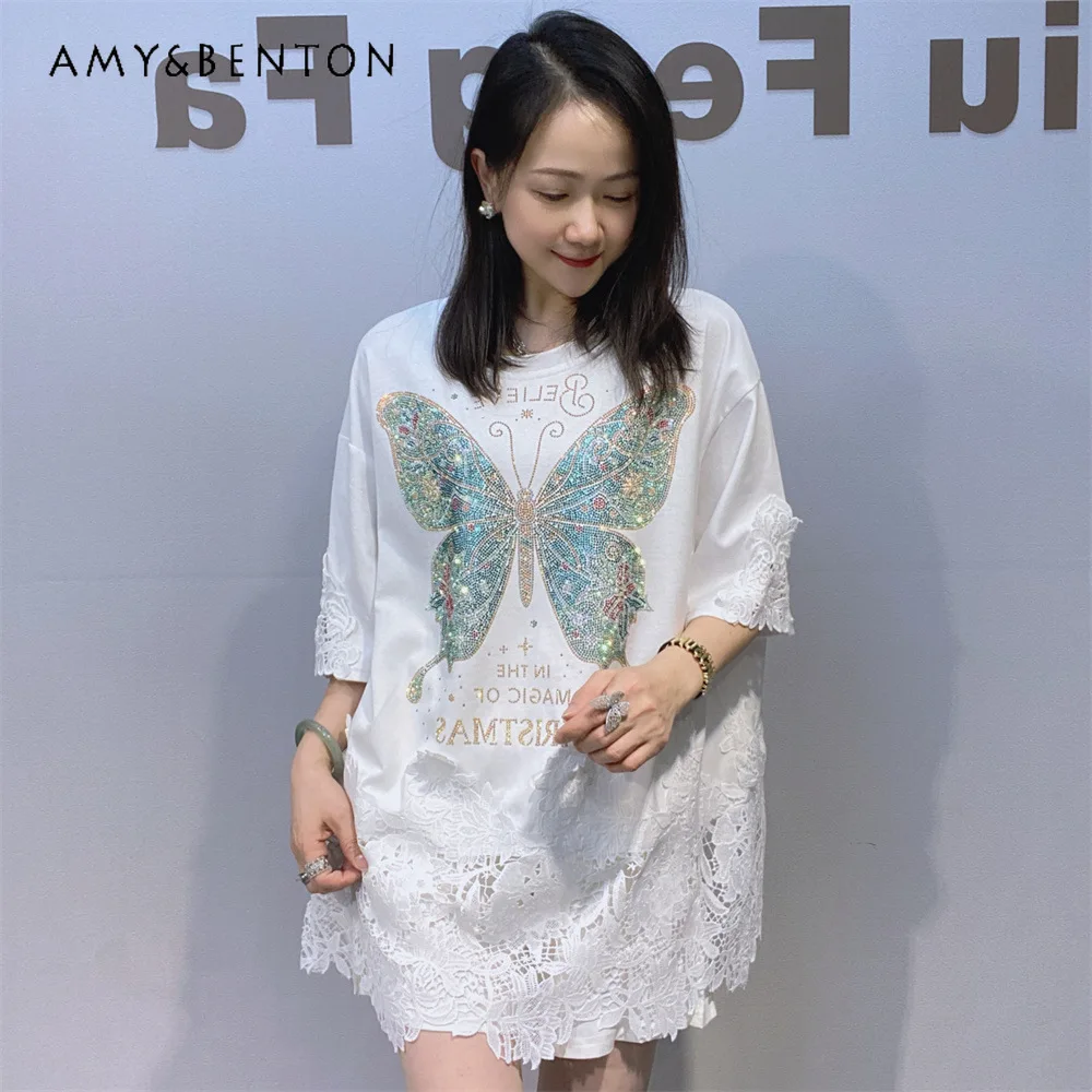 

Fashion Lace Patchwork Short Sleeves Tops Women's Summer New Arrival Medium Long Rhinestone Loose Slimming Half Sleeves T-shirts