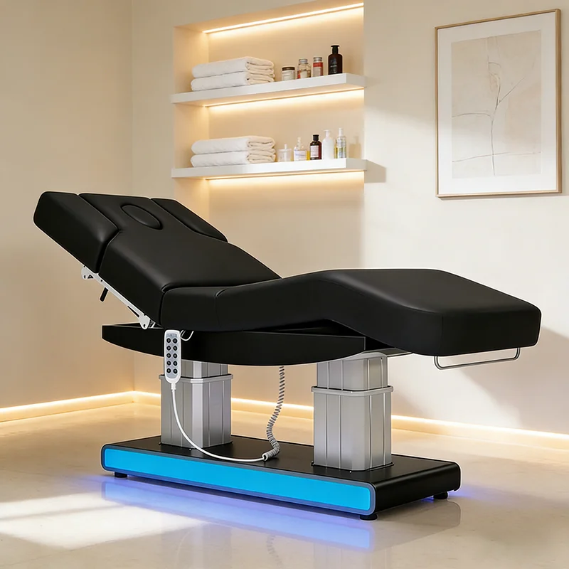 

Electric Facial Bed, 4 Motor PVC Leather Esthetician Spa Bed, Curved Massage Table with Lights for Salon and Medical Clinic