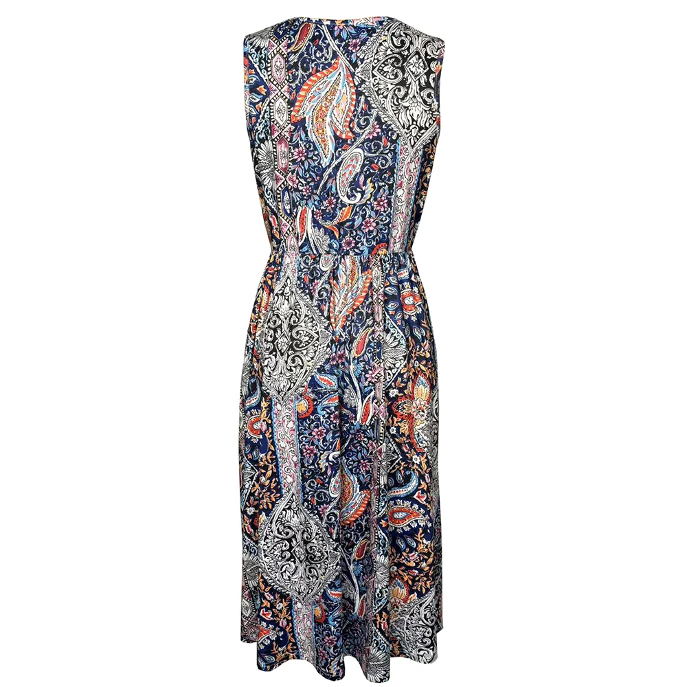 2026新作 レディース 欧米風プリントノースリーブタンクトップワンピース、クルーネック、ウエストシェイプ＆スリム、バケーション向け