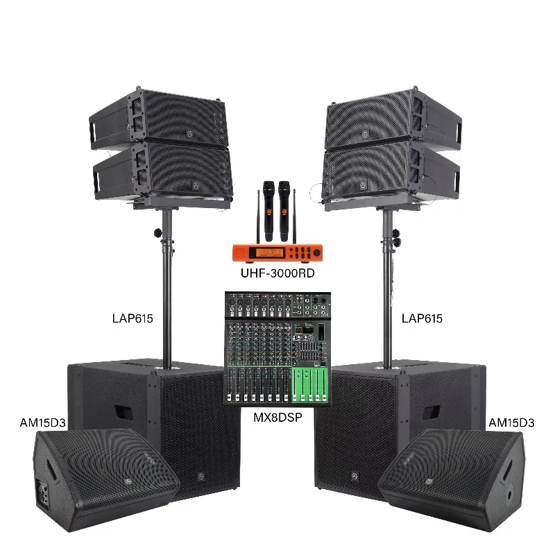 Sistema de Altavoces Profesionales Activos de Línea LAP615-COMBO de Accuracy Pro Audio, Sistema de PA para Exteriores con Consola Mezcladora de Audio
