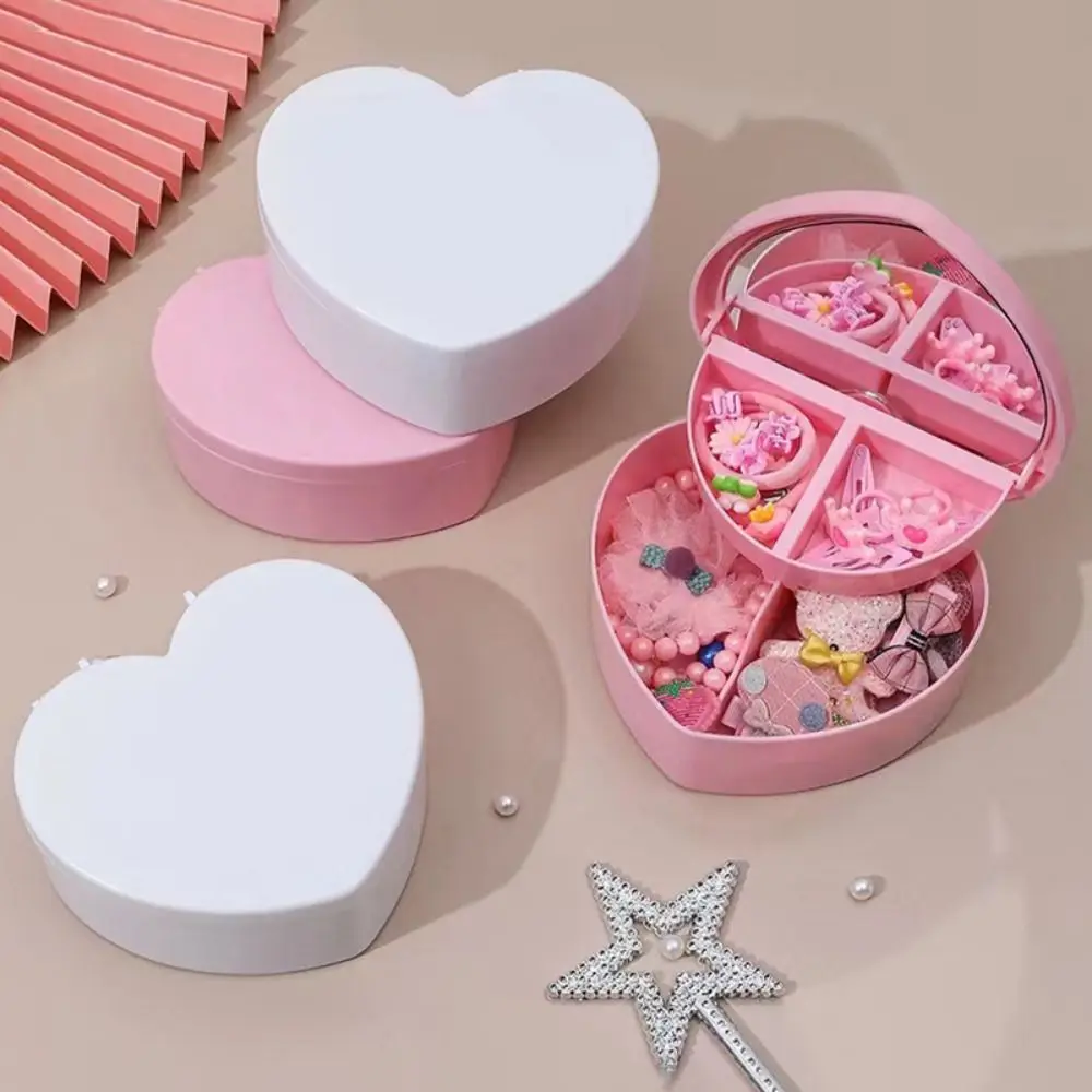 Fashion With Mirror Heart-shaped Jewelry Box Cute Two-layer Desktop Storage Box Cartoon Girls Makeup Storage Box Home