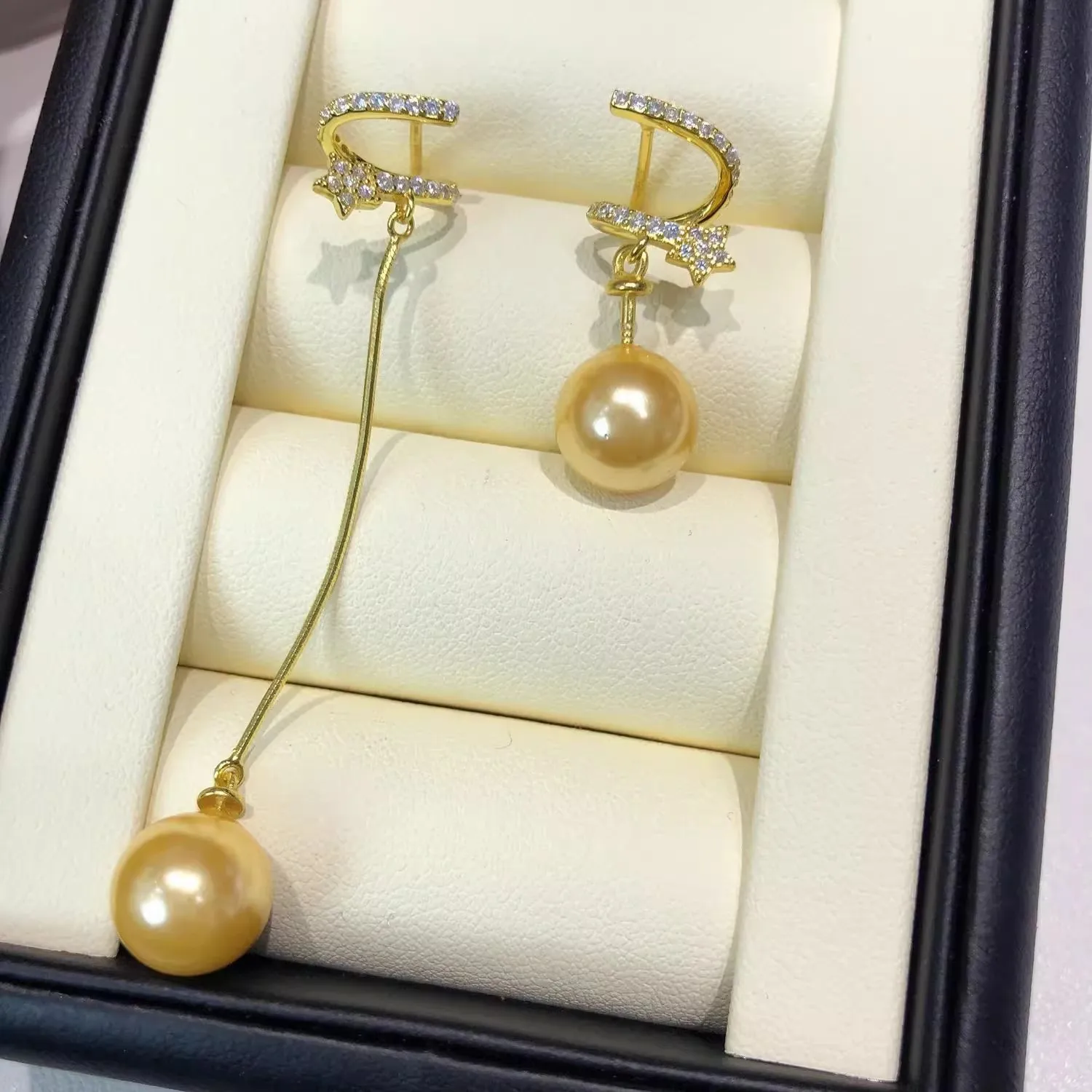 

MeiBaPJ 8mm Natural Nearround Golden Pearls Fashion Asymmetry Drop Earrings 925 Silver Fine Wedding Jewelry for Women