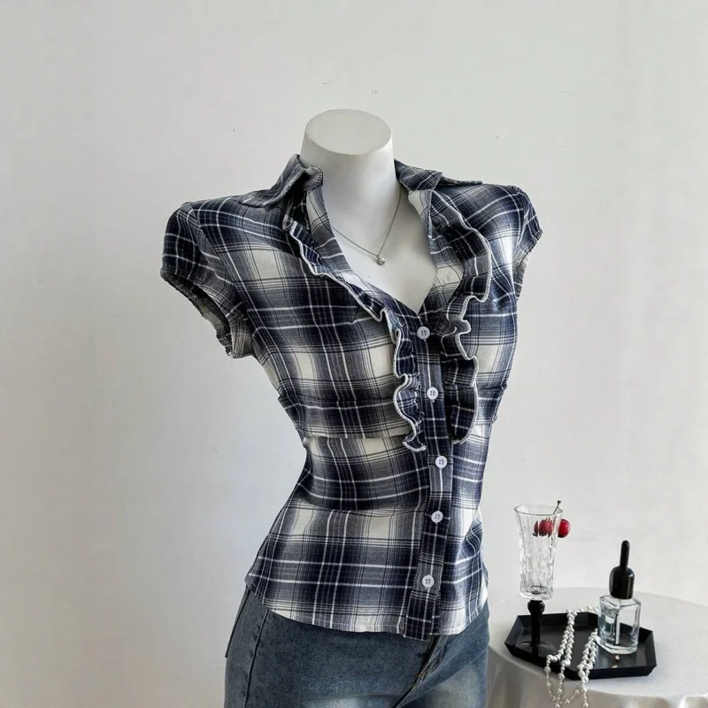 المرأة الصيف الحلو منقوشة قصيرة الأكمام قميص أعلى الخامس الرقبة كشكش وزر الديكور التخسيس النمط الأوروبي أعلى وصول جديد