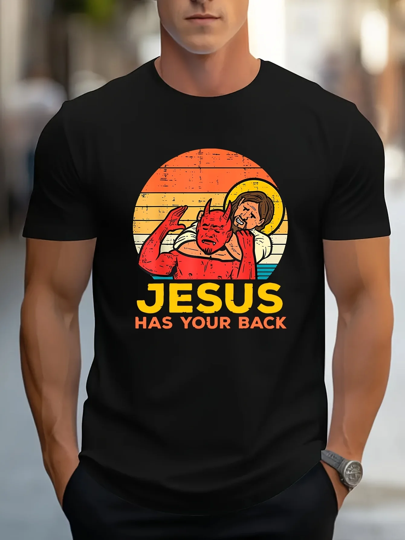 تي شيرت بأكمام قصيرة ورقبة دائرية مطبوعة من الأمام، قماش مريح للتنفس، نمط رياضي كاجوال للرجال