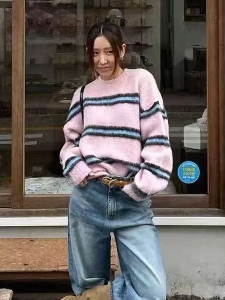 

Свободный крой круглый трикотаж в полоску, женский модный осенне-зимний свитер, удобный дышащий универсальный корейский слэ