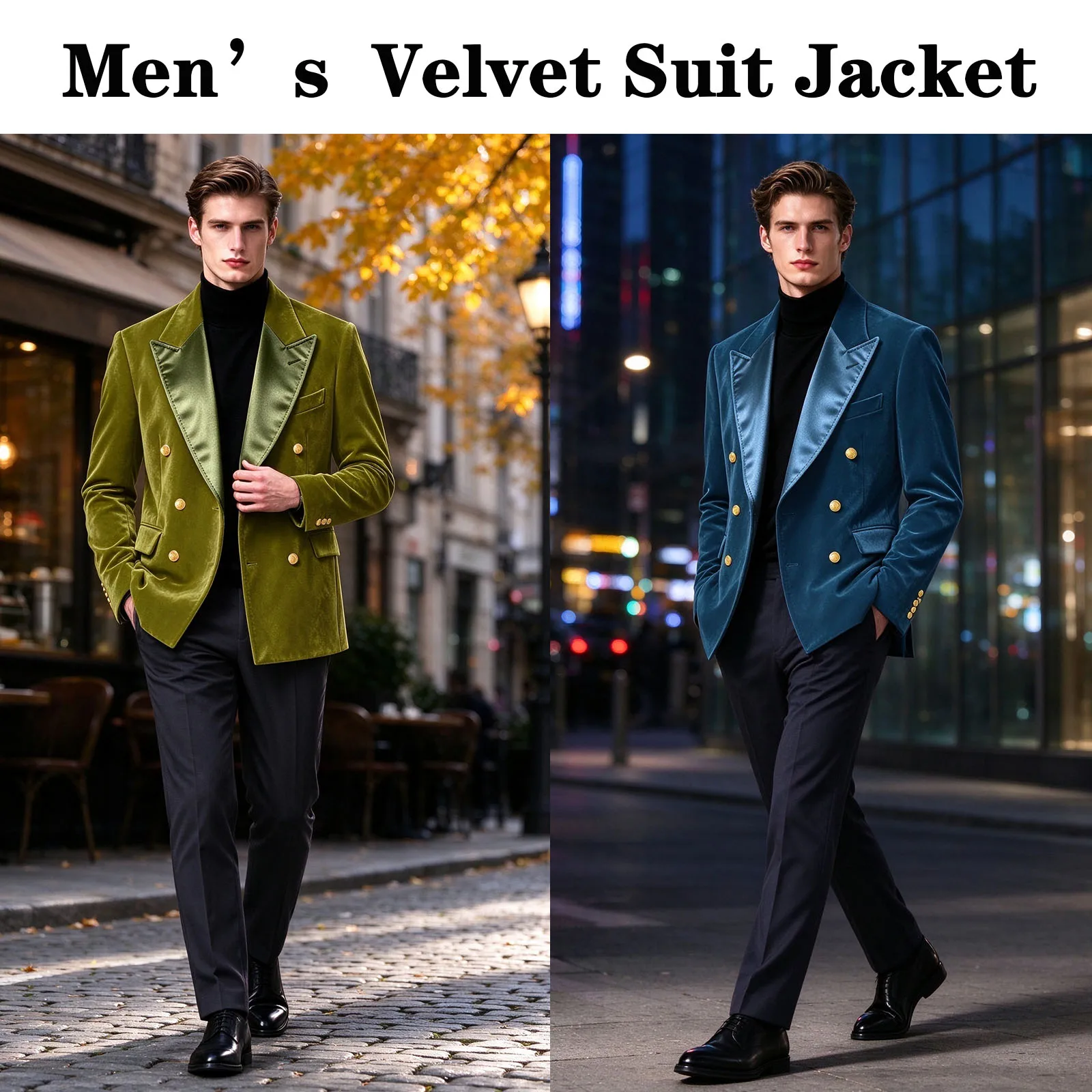 Men Velvet Blazer Double Breasted Gold Buttons Satin Lapel Tuxedo Jacket Slim Fit Dinner Party Wedding Prom Suit Coat For Autumn