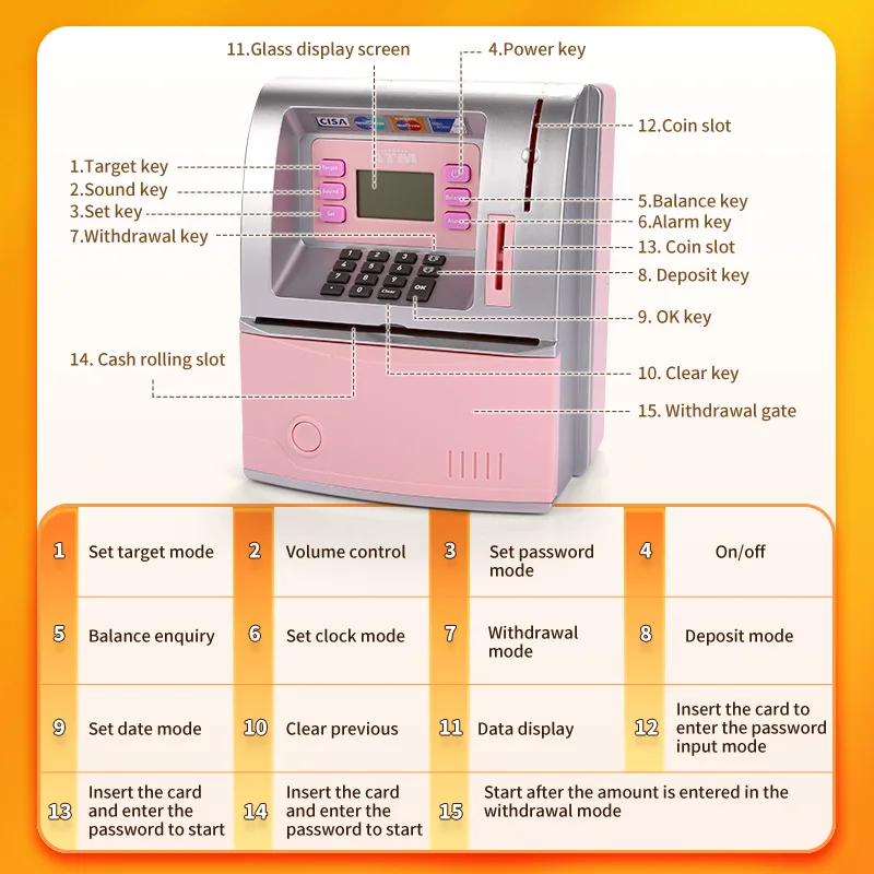 Hucha para niños, caja de almacenamiento de monedas ATM de simulación, bloqueo de contraseña de voz creativa para niños y niñas, caja de contraseña para contar juguetes, regalos