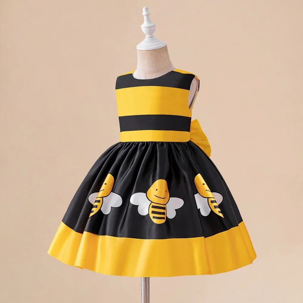 Cute Baby Honeybee Summer Tutu Dress For Girl Toddler Yellow Bee Line Costume Kids Bow Daily Holiday Clothes Infant Party Wear