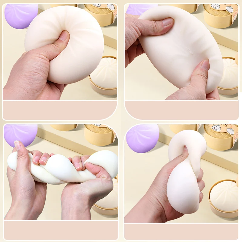 餃子型ストレスボール、フィジェット感覚玩具、スクイーズ生地ボール、ストレス解消ハンドトイ、蒸し器付きパン、伸縮性デスクトイ