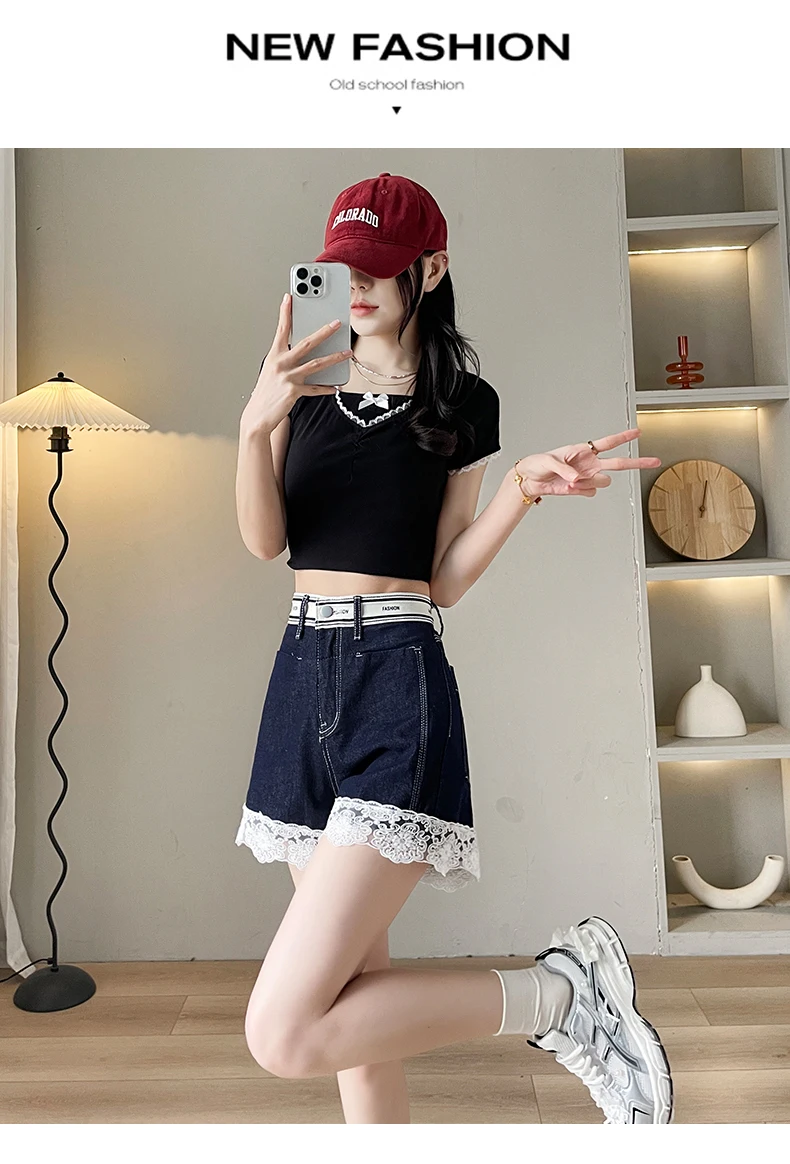 여름 레이스 패치 워크 청바지 반바지 여성 디자이너 오피스 캐주얼 레이디 하이 웨이스트 데님 반바지 여성 트렌드 블루 에센셜 반바지