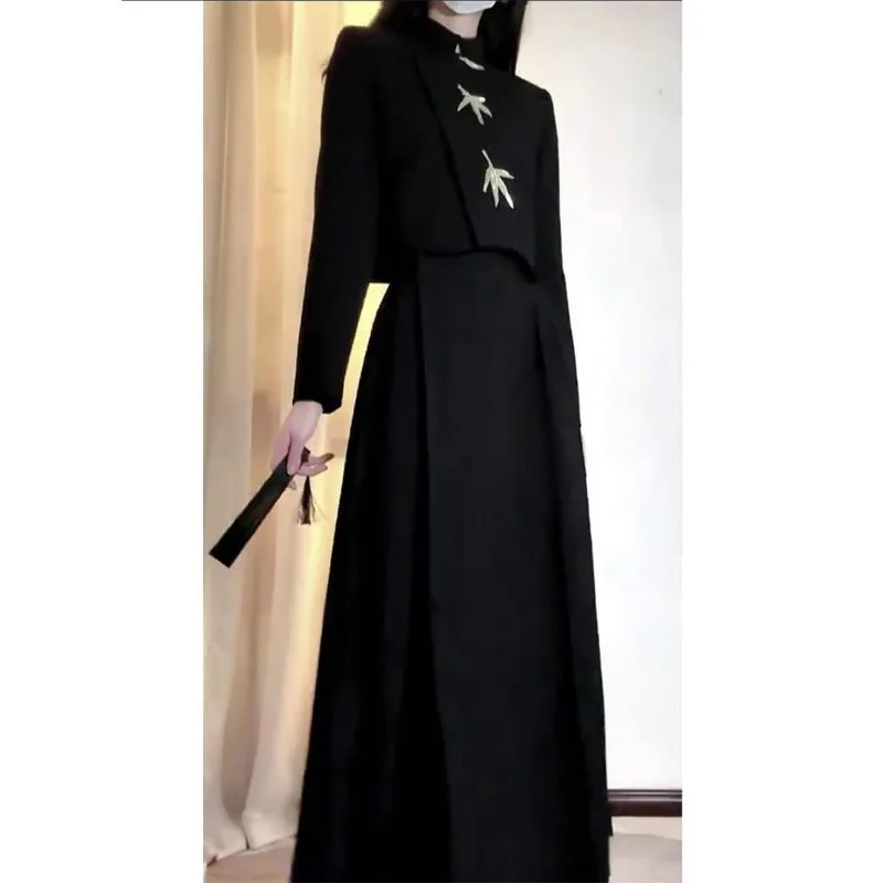 Lnsozkdg Two Piece Set Chinese Traditional Dress Modern Hanfu Elegant Women Dress Sets Solid Color Long Sleeves Black Skirt Suit