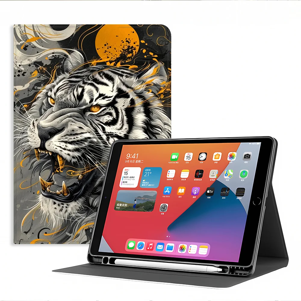with Pencil Slot Case for Apple iPad 10th 7/8/9th Pro11 13 Air 11 13 M4 M3 M2 A16 2026 Air 4/5/6th Ink White Tiger