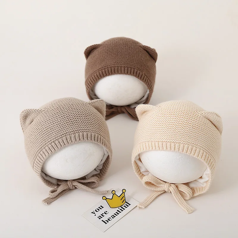 

Детская ветрозащитная шапка со шнуровкой, зимняя теплая милая однотонная защитная шапка для ушей для девочек и мальчиков, вязаная шапка для малышей