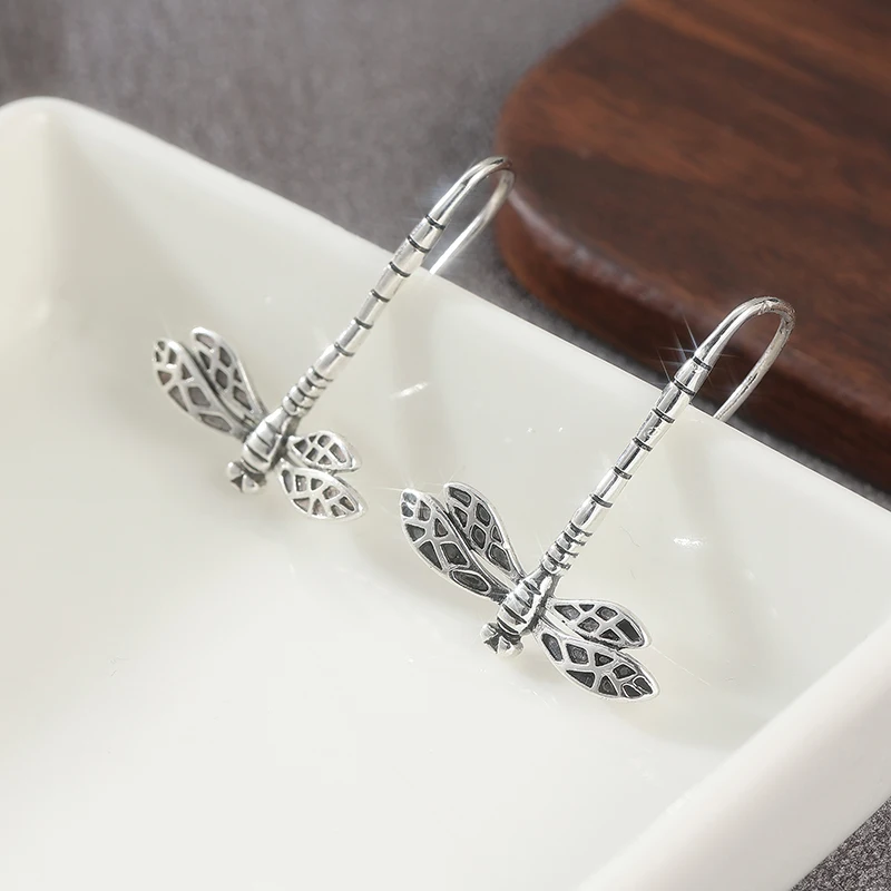 Vintage Dragonfly Carved Pattern Dangle Earrings Retro Bohemian Style Silver Plated Jewelry Trendy Women Ear Ornaments Jewelry