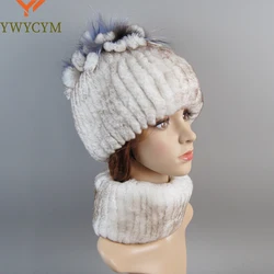 Good Elastic Winter Women Warm Natural Rex Rabbit Fur Muffler Cap Real Fur Scarves Hats Ladies Real Rex Rabbit Fur Scarf Hat Set