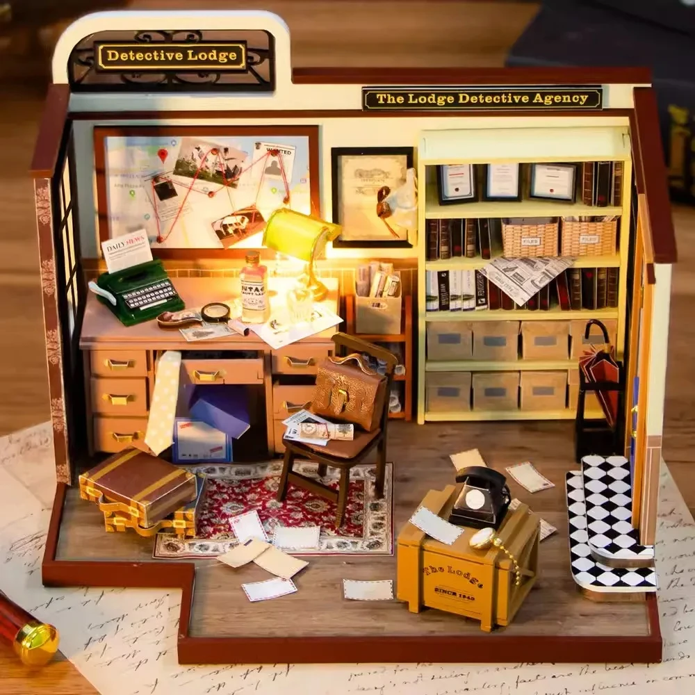 DIY Miniature Wooden Doll House with Furniture LED Lights Mini Dollhouse Toy Model for Birthday Gifts Detective Agency of Lodge