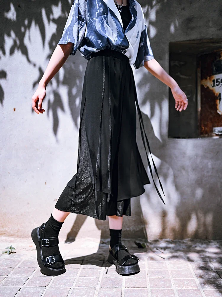 

New Japanese Women Harajuku Gothic Black Chiffon High Waist Wide Leg Pants Streetwear Casual Loose Fashion Female Trouser