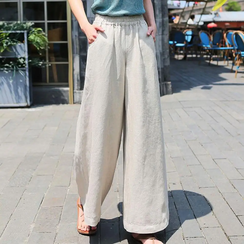 

Women Trousers Elastic High Waist Wide Leg Trousers Solid Color Draped Pants for Women with Pockets Loose Fit Long Length