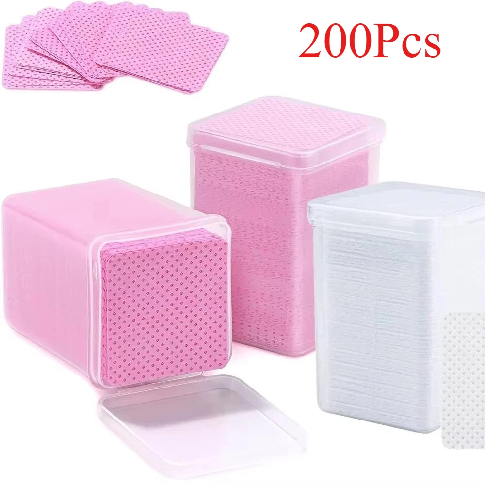 200PCS Pink/White Eyelash Glue Remover Wipe Lint-Free Cotton Wipes Glue Bottle Mouth Cleaning Paper Cleaner Pads with Box