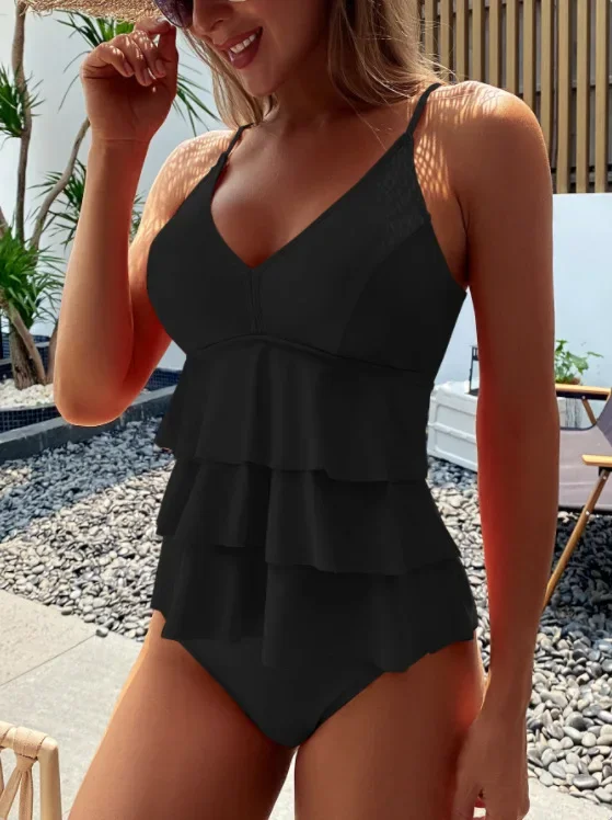 Bikini liso con volantes para mujer, traje de baño de dos piezas con realce, traje de baño Sexy para playa, conjunto de Bikini de cintura alta 2023