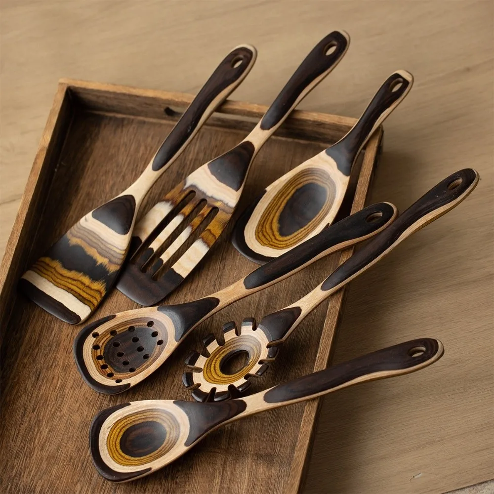 Meal Spoon Wood Spatula Not Deform Heat Resistant Kitchen Utensils Set with Hanging Hole Moroccan Style Cooking Utensils Set