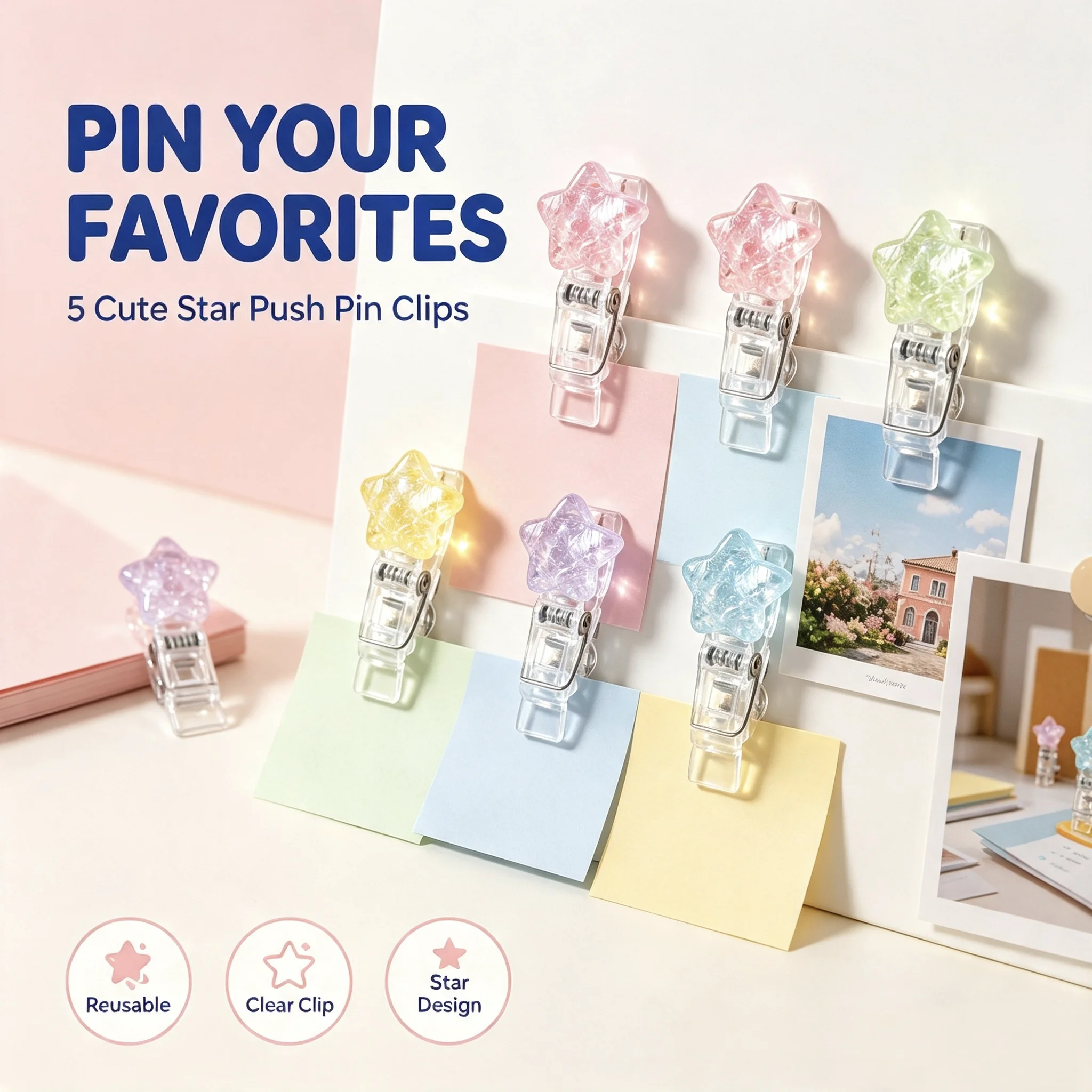 Large Colorful Star Push Pin Clips, Creative Metal Thumbtack Clips for Photo Wall, Message Board Decor, Back to School Supplies