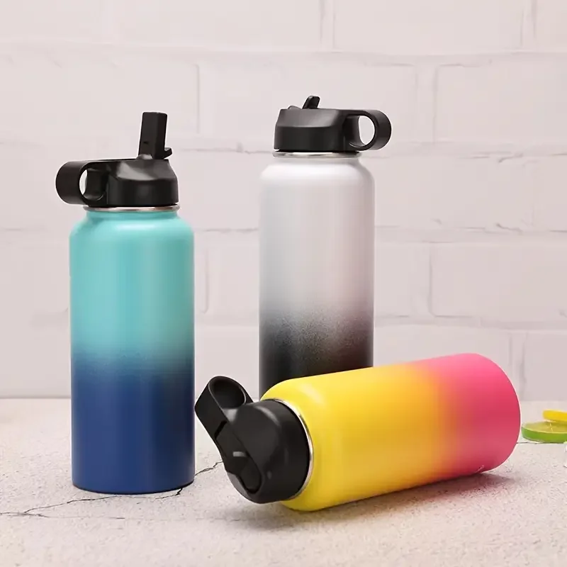 FUNUS 1 botella de doble capa de acero inoxidable degradado con pajita, tapa, botella térmica al vacío a prueba de fugas para el hogar, campamento al aire libre