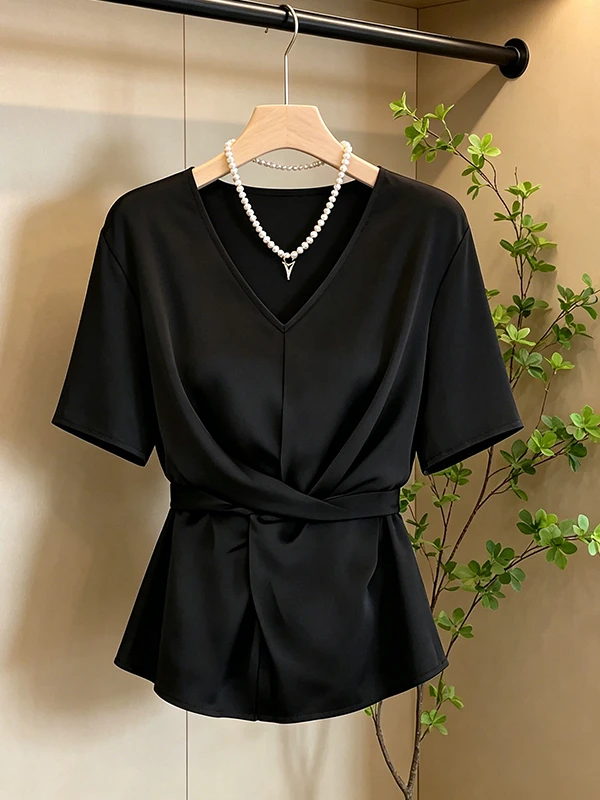 

2026 Summer New Style V-Neck Short Sleeve Acetate Satin Belted Waist Unique Shirt for plus Size Women Skin-Friendly Breathable