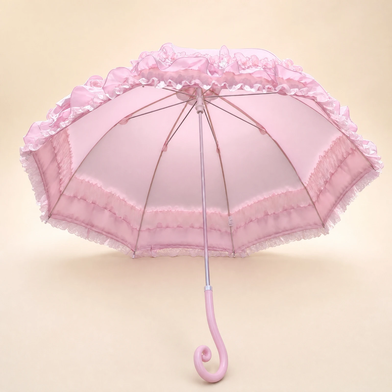 Ruffled Rose Detail Umbrella with Hook Handle UV Protection Pongee Fabric Carbon Fiber Frame Lightweight for Garden Party Use