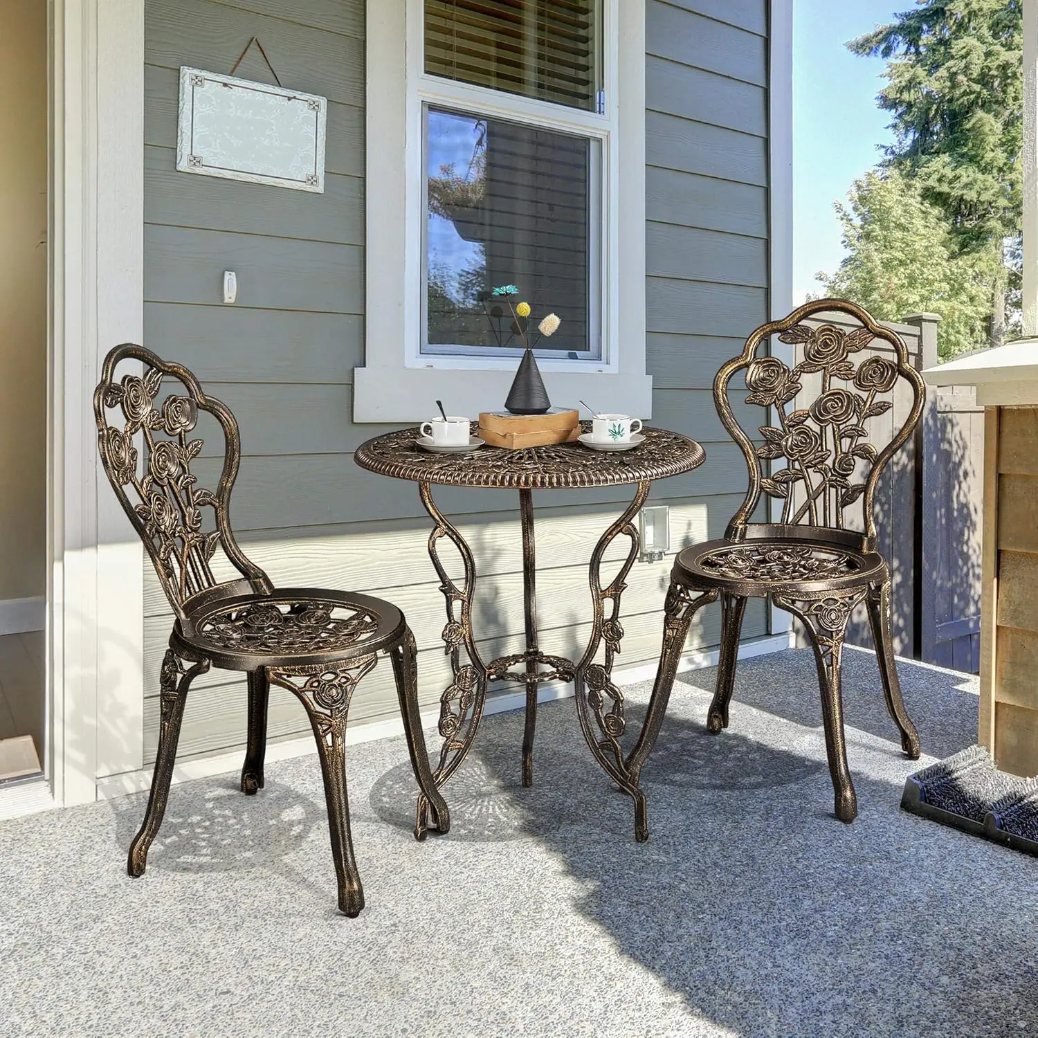 

Yaheetech 3-Piece Outdoor Bistro Set w/Rose Design, Rust-Resistant Cast Aluminum Table and Chairs w/Umbrella Hole