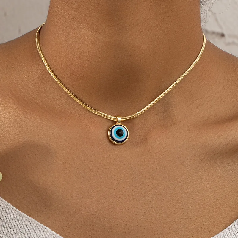 New Trend Gold Color Snake Chain Round Evil Eye Pendant Necklace For Women Classic Fashion Choker Jewelry Gifts