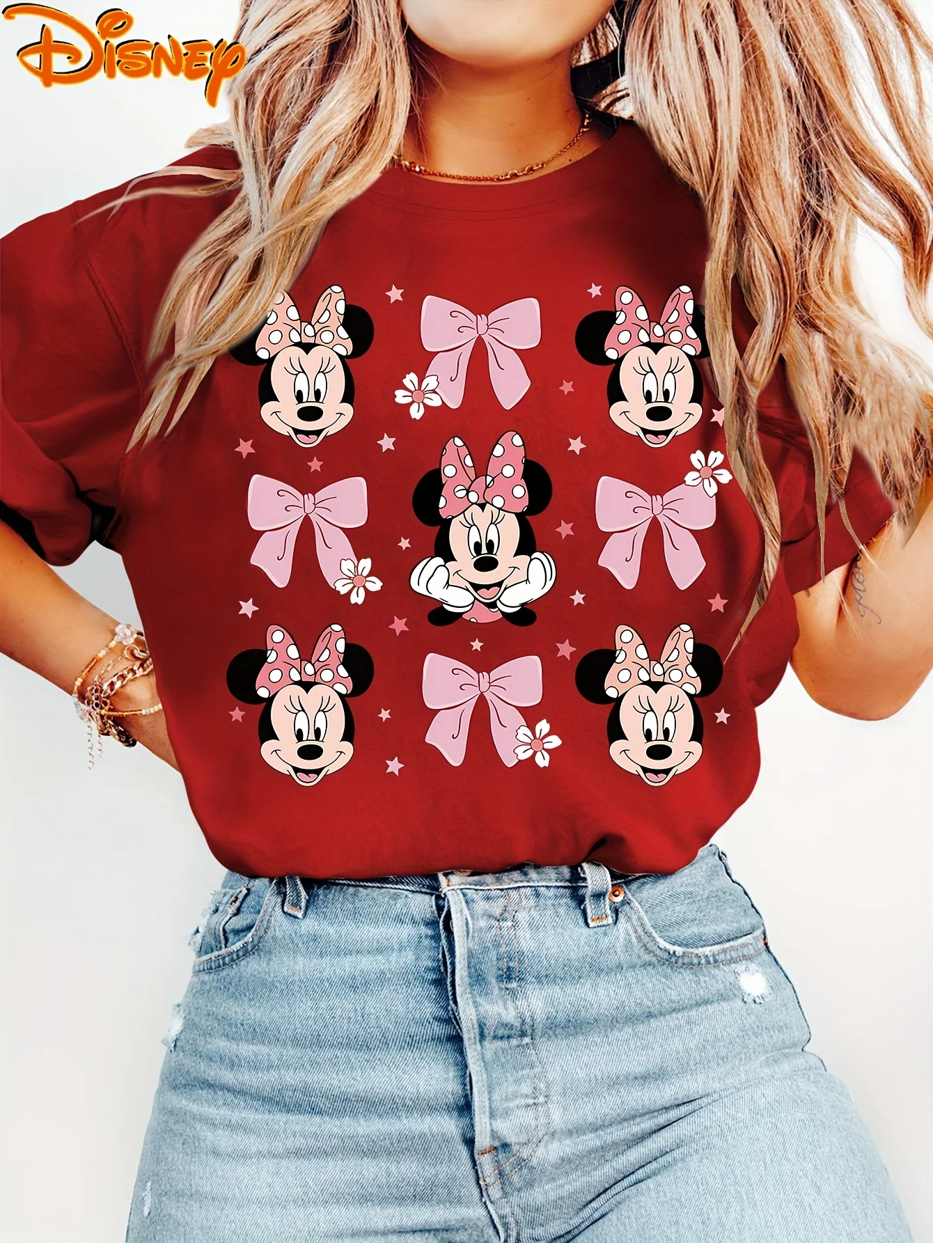 2025 Disney Pattern Printed Women's Casual Comfortable Unique Smiling Face Black Round Neck Short Sleeve T-shirt