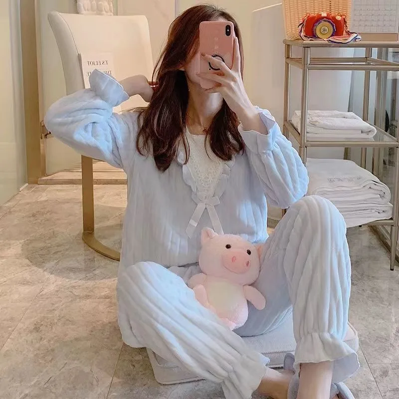 2023 New Autumn Winter Coral Fleece Warm Pajamas Women Fleece Thickened Can Be Worn Outside Homewear Women Suit