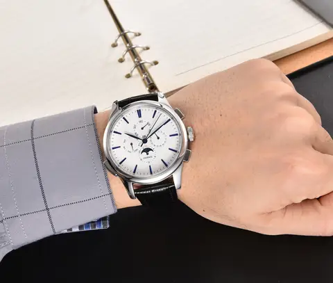 Parnis 45mm Silverfärgad Herrklocka Automatisk Mekanisk Vit Urtavla Månfas Kalender Läderarmband Herrklockor 10 best sales Parnis månfas - №1