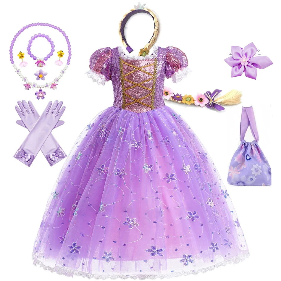 

Princess Cosplay Rapunzel Dress for Girl Tangled Costume Luxury Lace Sequin Purple Frocks Children Halloween Role Play Outfits