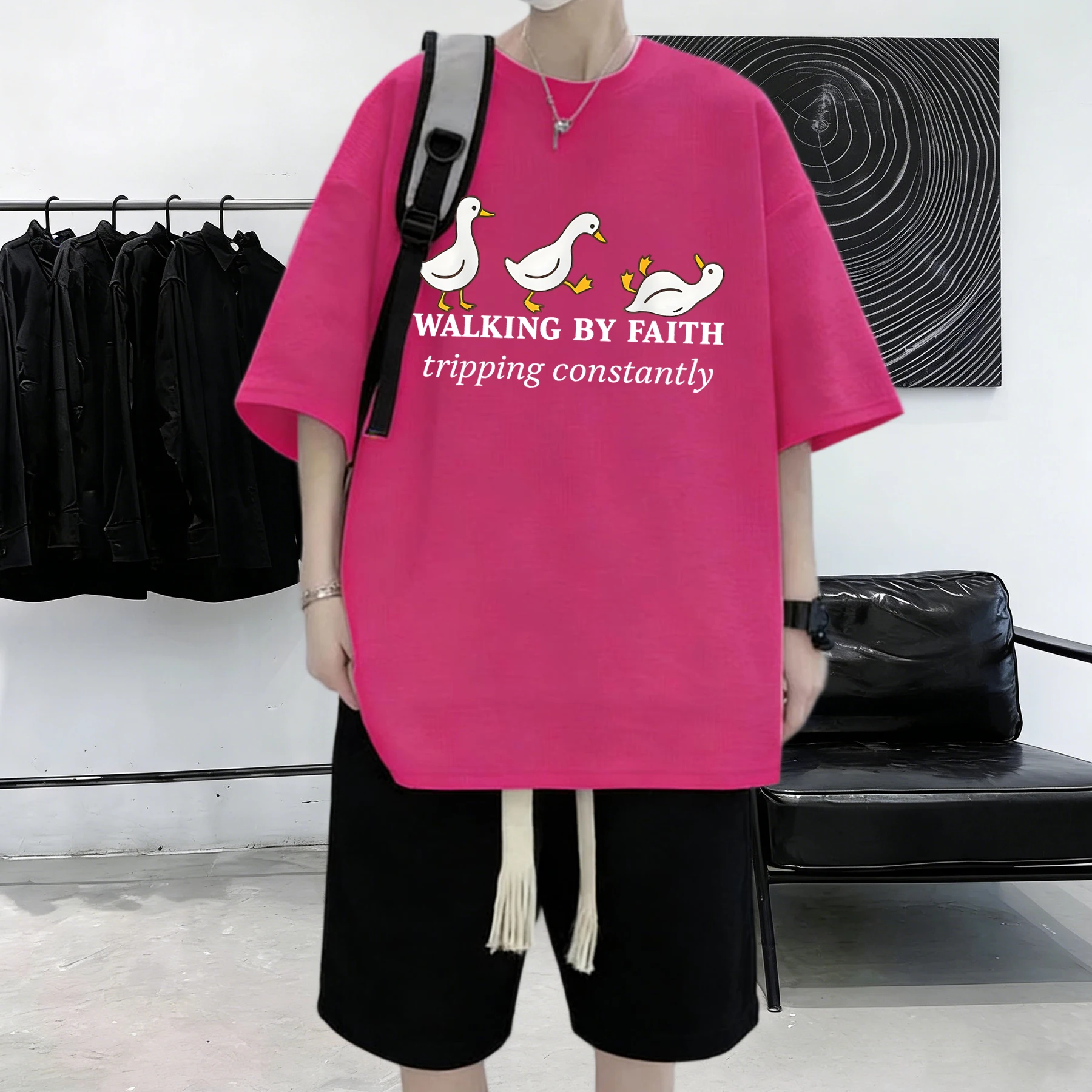Walking By Faith Tripping Constantly Prints Summer Basics Cotton T Shirt Man Comfortable All-Match Short Sleeve Loose Youth Top