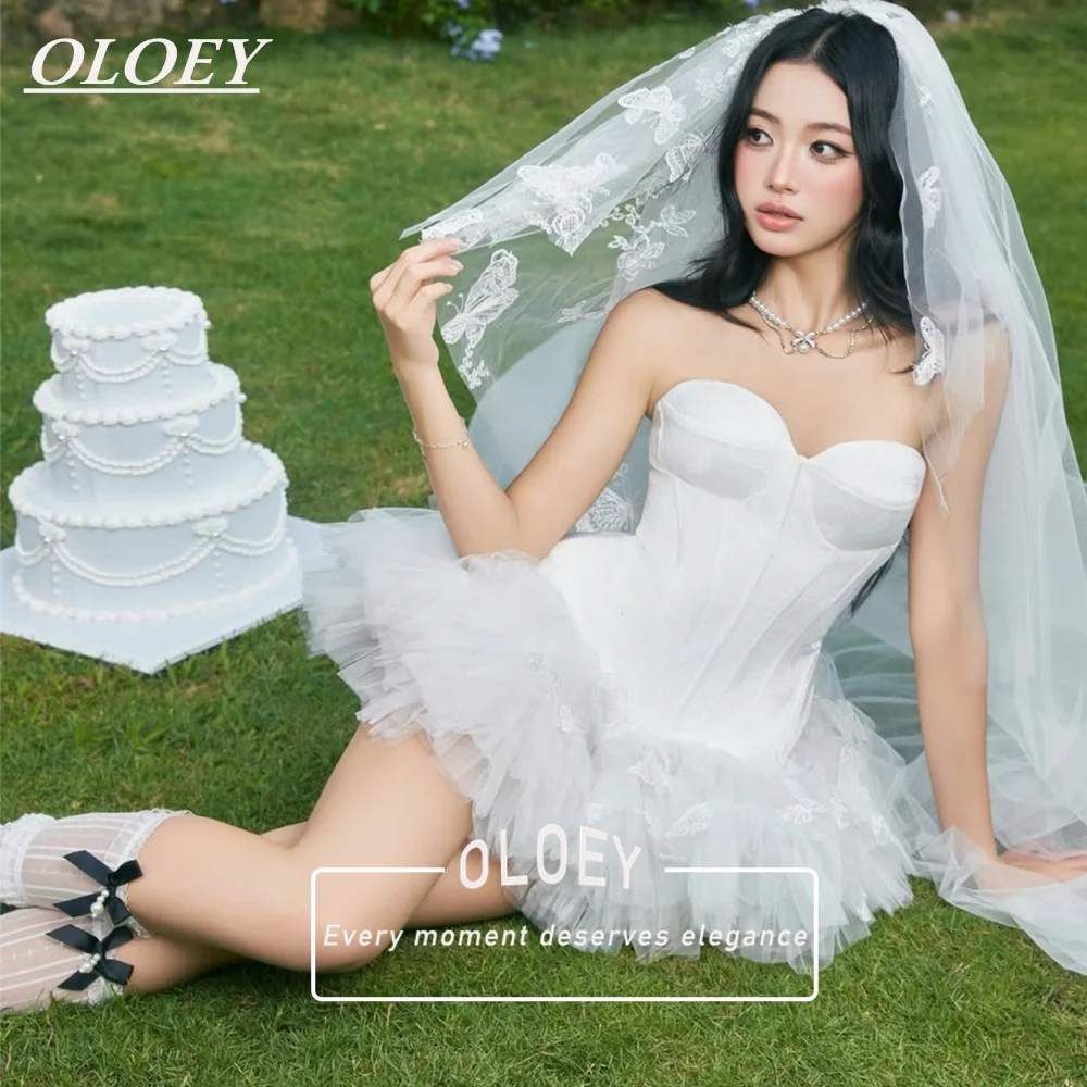 

OLOEY Modern Short A-Line Wedding Dress Pleated Puffy Tulle Mini Bridal Gown Customized Robe De Mariage Lace-Up Back