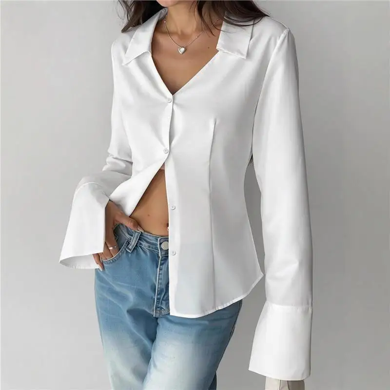 Slim Fit Bell Sve irt Women's Waist Cinching Layering V Ne Slimming ort Sve Long Sve Women's Top French Sle