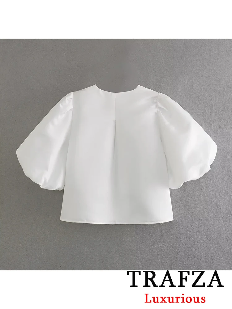 TRAFZA Vintage White Satin Blouses Women Short Puff Sleeve O Neck Tops Female Fashion 2024 Summer Elegant Silky Shirts Office