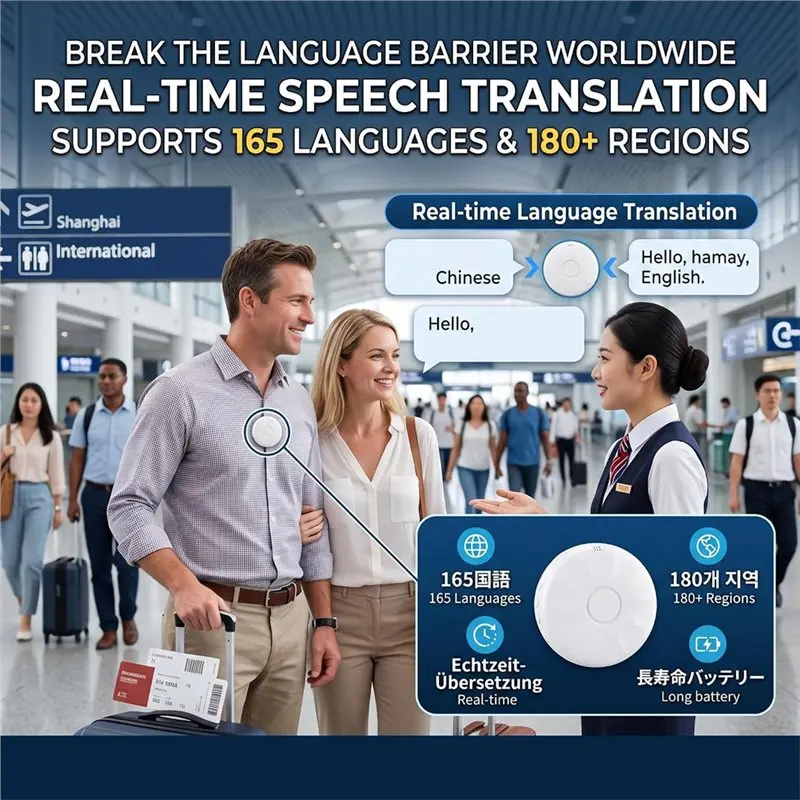 DTB7 AI Language Translator Device, 160+ Languages Real-Time Voice Translation, Wearable Hands-Free Design, English Learning