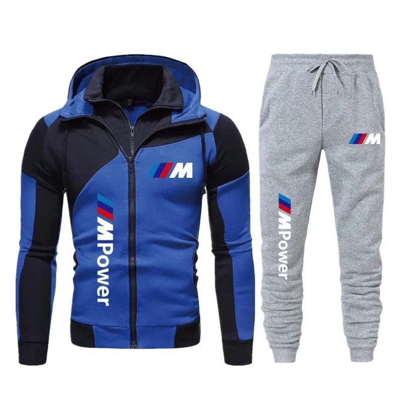 BMW Logo Men's Sports Suit Double Zipper Two-Piece Sports Suit Men's Jacket Sports Suit BMW Hooded Sweatshirt+Pants New Model