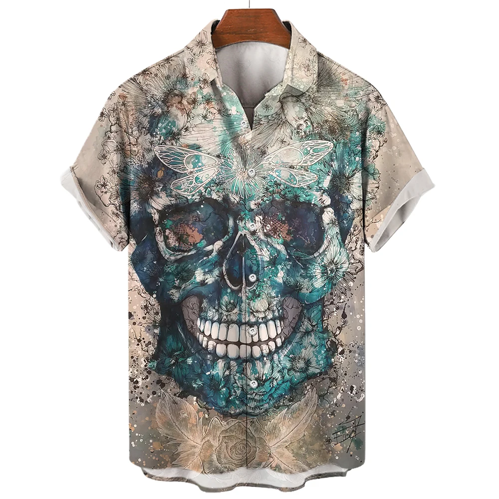 Vintage Hawaiian Men's 3D Printed Shirt Summer Skull Head Large Casual Short Sleeved Dress for Comfort and Breathability