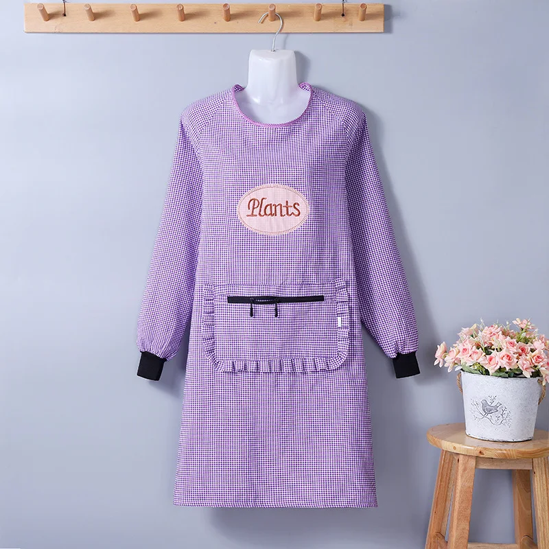 Women Household Cotton Long Sleeved Apron Home Kitchen Oil Proof Antifouling Breathable Smock with Big Storage Pocket