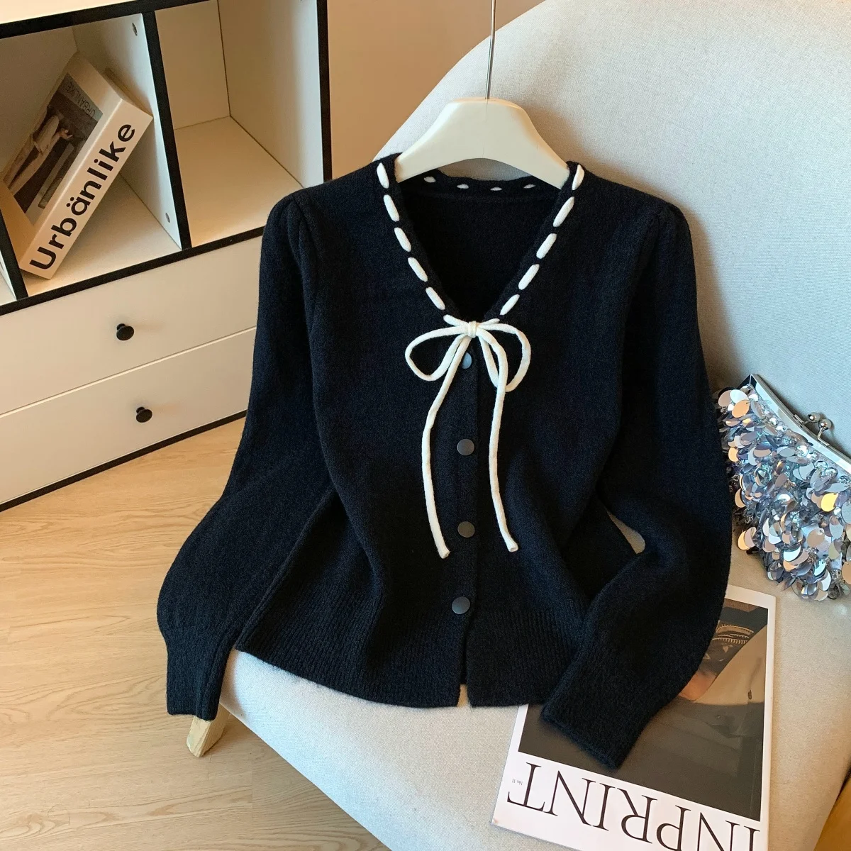 

Women's V-Neck Long Sleeve Casual Sweater Y2K Autumn Winter BowFrench Elegant Fashion Office High Street Retro Sweater Clothes