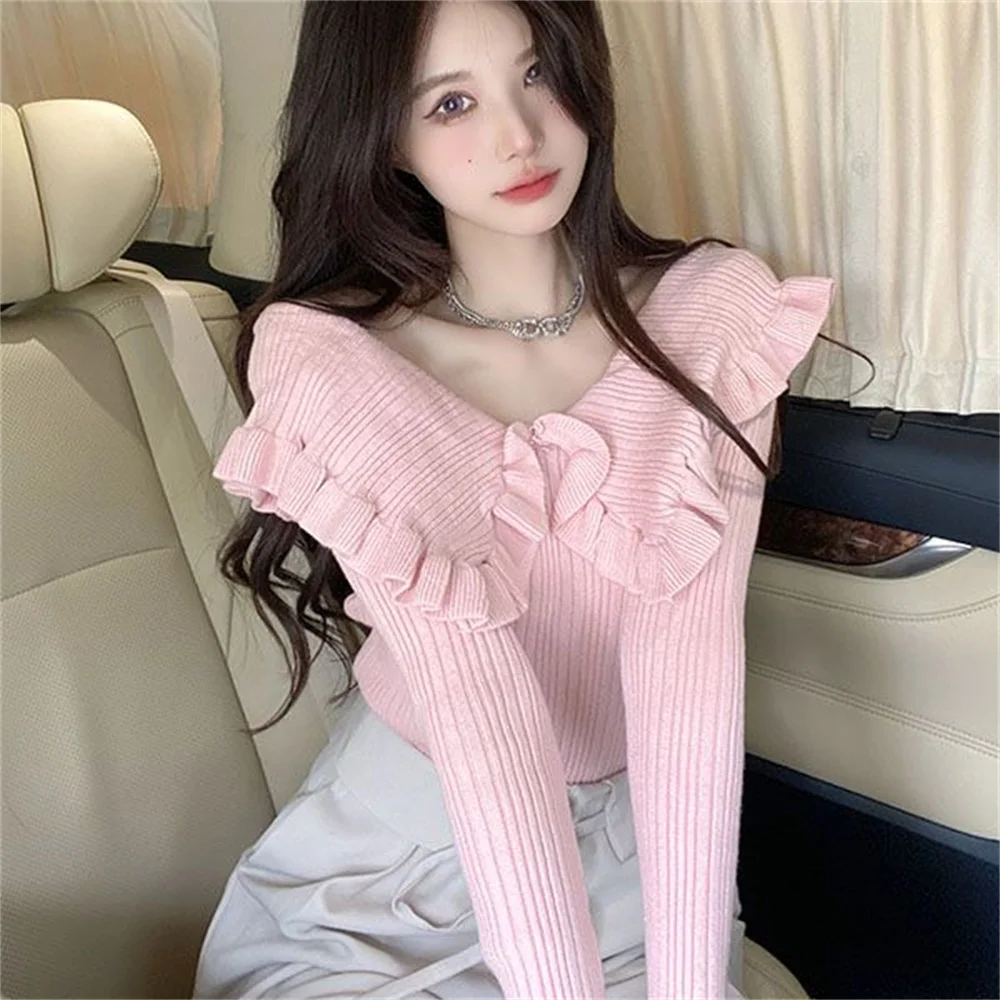 

Весенне-осенний милый дизайн, милый свитер для девочек, вязаная рубашка, тонкий женский пуловер с длинными рукавами, женский розовый, белый свитер