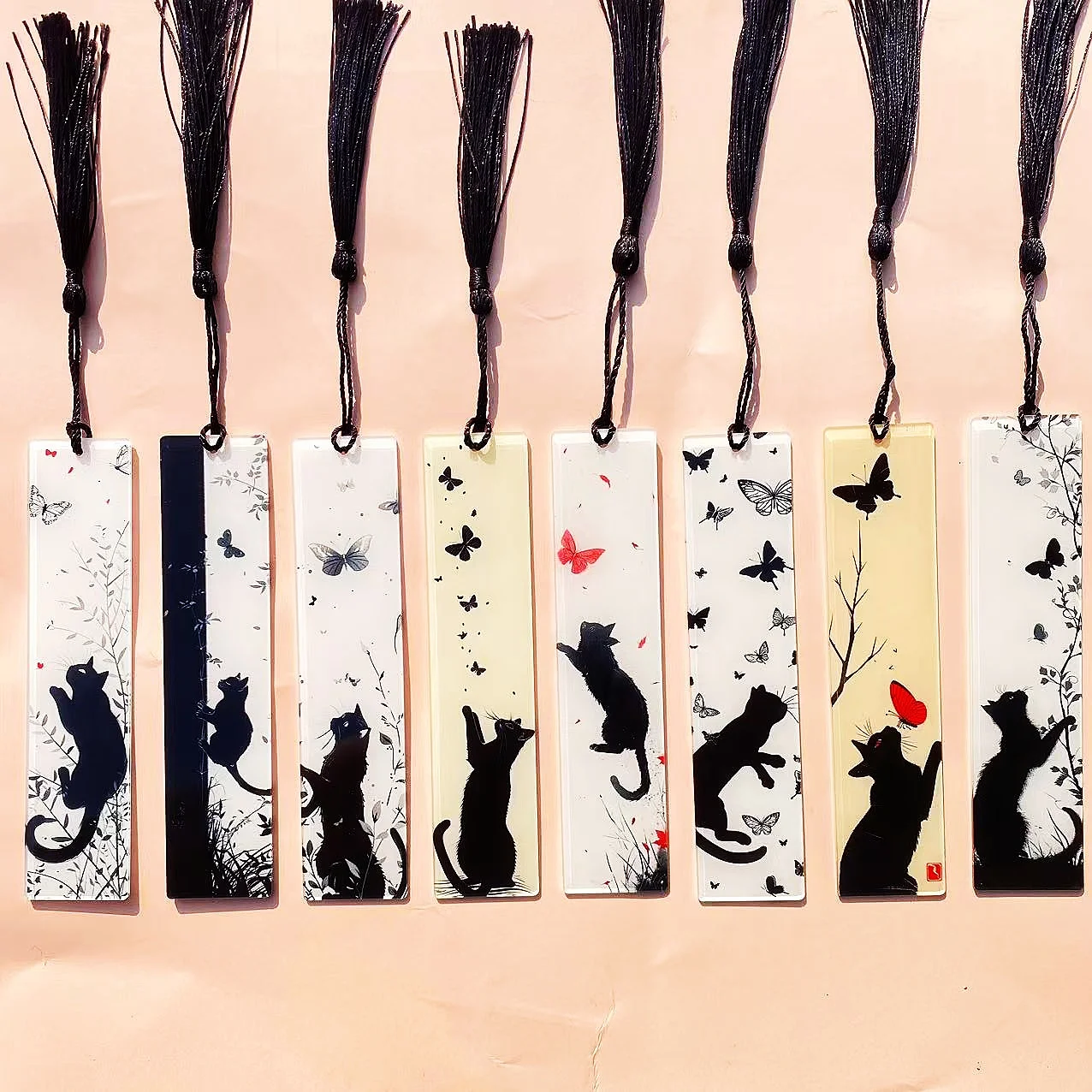 8PCS acrylic bookmark, gift, teacher student art cat pattern, book reading mark, black cat fluttering butterfly