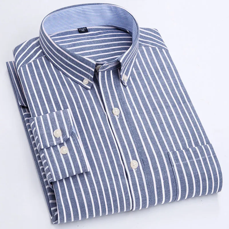 Thin Oxford woven men\'s long sleeve shirt business slim solid color striped plaid casual ironing shirt spliced square collar